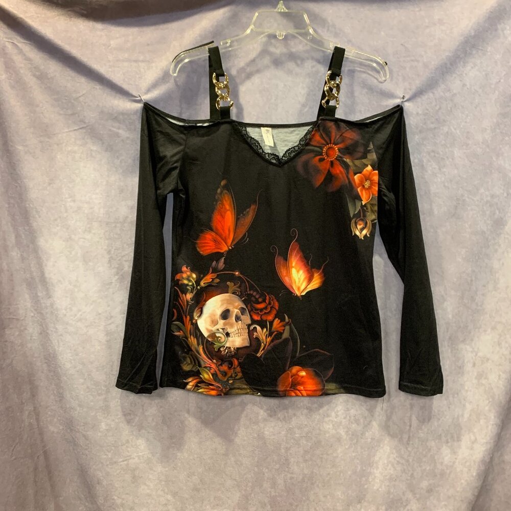 Chicyea Long Sleeve, Chunky Chain, Cold Shoulder Skull & Butterflies Top